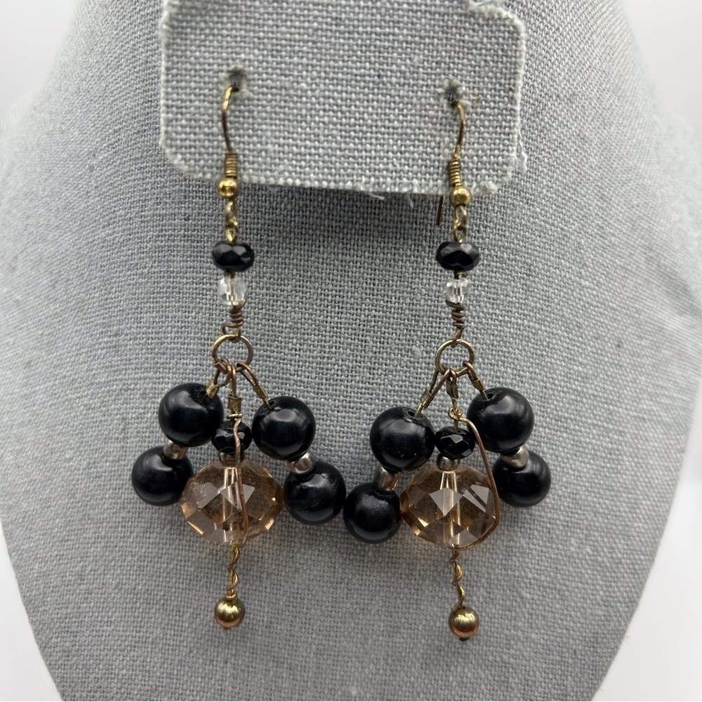 Black and Brown Beaded Long Atomic Inspired Hook Dangle Earrings Gold Tone